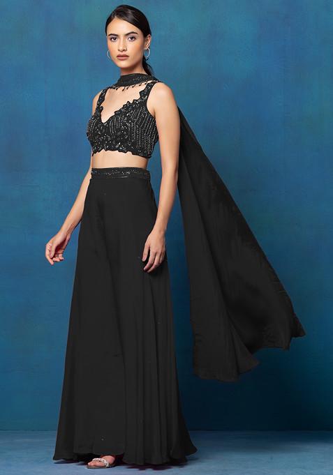 Black Sharara Set With Sequin Hand Work Blouse And Dupatta