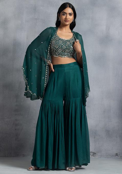 Deep Green Sharara Set With Bead Mirror Hand Embroidered Blouse And Embellished Jacket