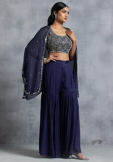 Indigo Blue Sharara Set With Bead Mirror Hand Embroidered Blouse And Embellished Jacket