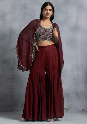 Maroon Sharara Set With Bead Mirror Hand Embroidered Blouse And Embellished Jacket