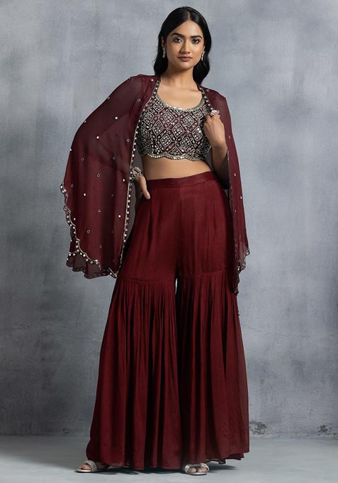 Maroon Sharara Set With Bead Mirror Hand Embroidered Blouse And Embellished Jacket