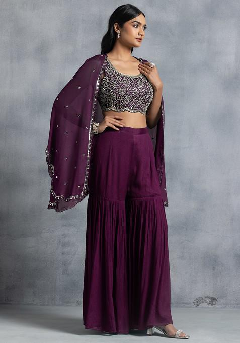 Purple Sharara Set With Bead Mirror Hand Embroidered Blouse And Embellished Jacket