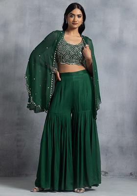 Green Sharara Set With Bead Mirror Hand Embroidered Blouse And Embellished Jacket