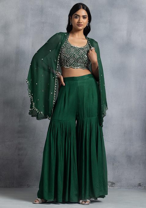 Green Sharara Set With Bead Mirror Hand Embroidered Blouse And Embellished Jacket