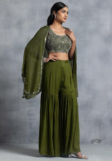 Olive Green Sharara Set With Bead Mirror Hand Embroidered Blouse And Embellished Jacket