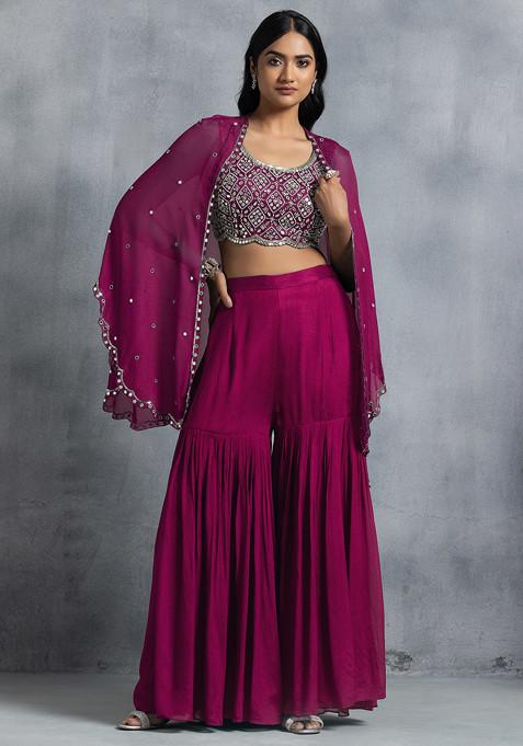 Hot Pink Sharara Set With Bead Mirror Hand Embroidered Blouse And Embellished Jacket