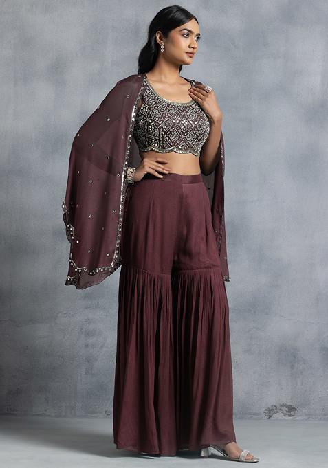 Wine Sharara Set With Bead Mirror Hand Embroidered Blouse And Embellished Jacket
