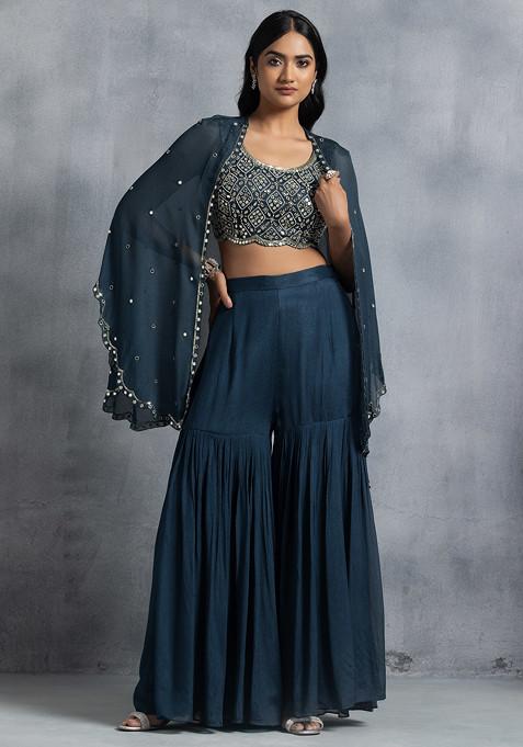Teal Blue Sharara Set With Bead Mirror Hand Embroidered Blouse And Embellished Jacket