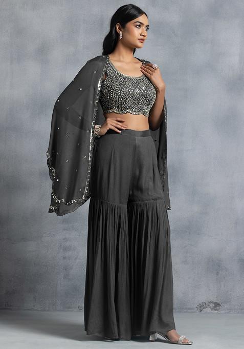 Grey Sharara Set With Bead Mirror Hand Embroidered Blouse And Embellished Jacket