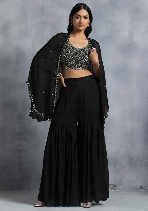 Black Sharara Set With Bead Mirror Hand Embroidered Blouse And Embellished Jacket