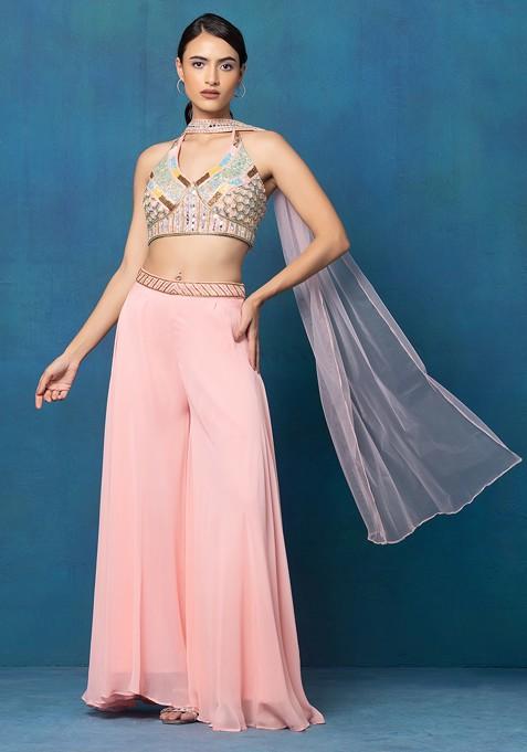 Light Pink Sharara Set With Multicolour Mirror Hand Embroidered Blouse And Dupatta