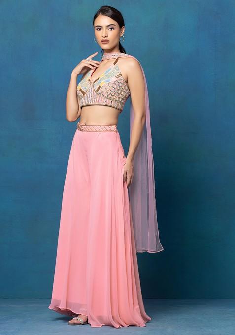 Pink Sharara Set With Multicolour Mirror Hand Embroidered Blouse And Dupatta
