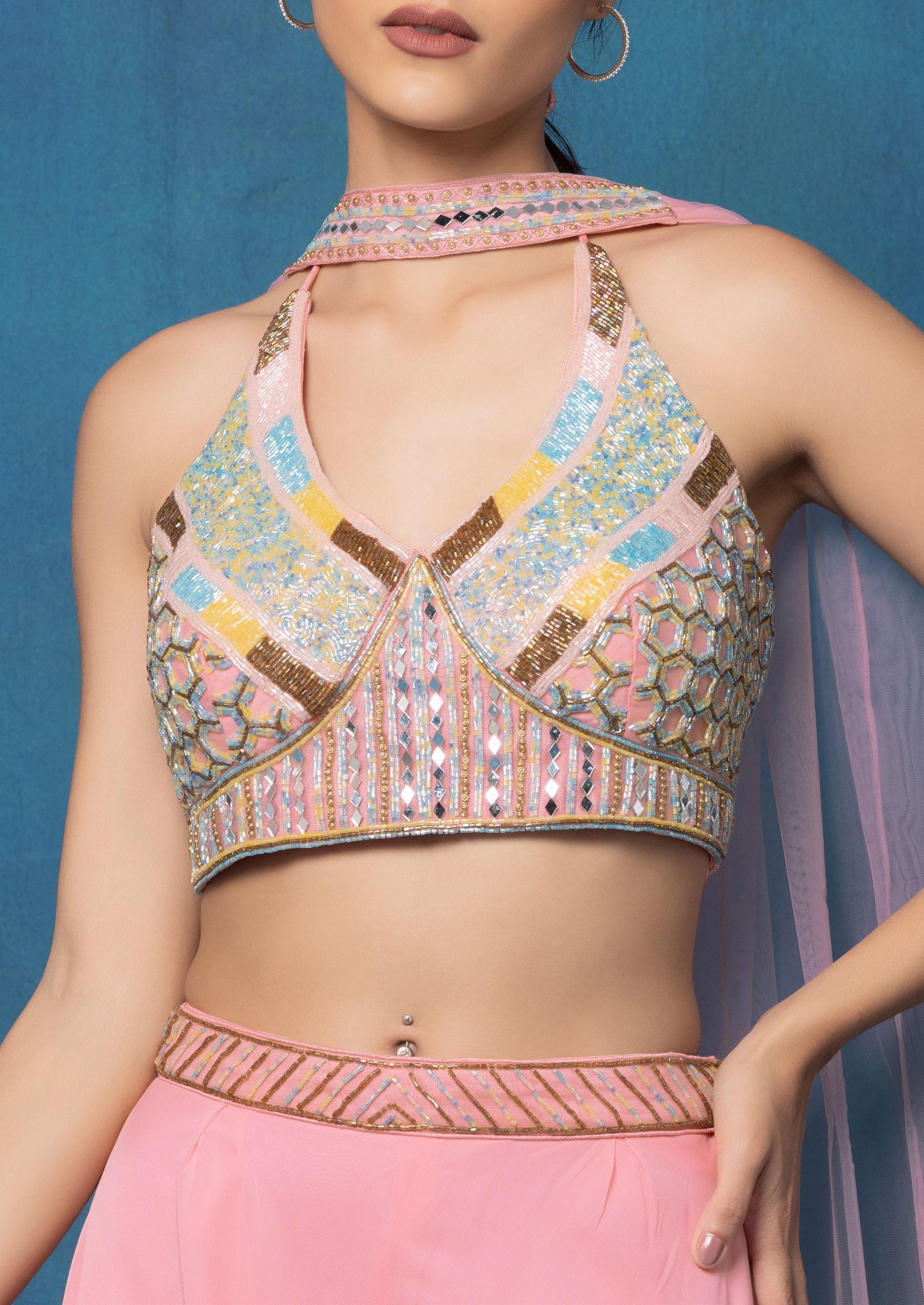 Buy Women Pink Sharara Set With Multicolour Mirror Hand
