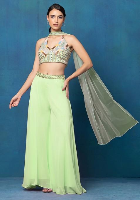 Pastel Green Sharara Set With Multicolour Mirror Hand Embroidered Blouse And Dupatta