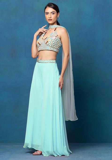 Pastel Blue Sharara Set With Multicolour Mirror Hand Embroidered Blouse And Dupatta
