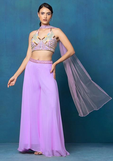 Lilac Sharara Set With Multicolour Mirror Hand Embroidered Blouse And Dupatta