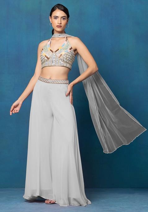 Grey Sharara Set With Multicolour Mirror Hand Embroidered Blouse And Dupatta