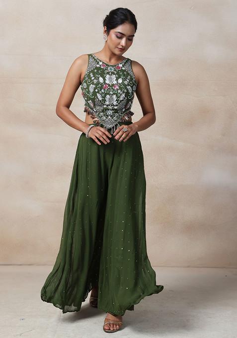 Green Bead Sequin Embellished Sharara With Blouse