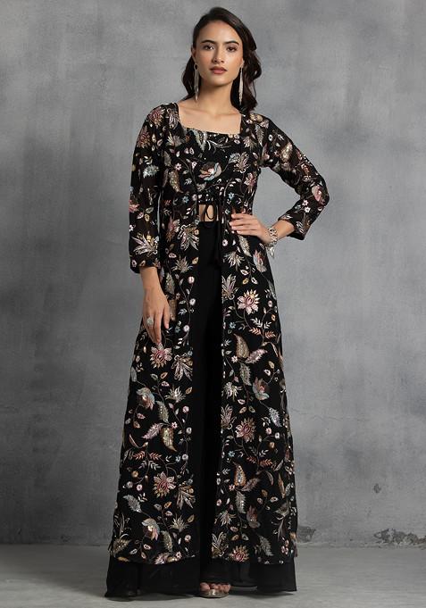 Black Floral Embroidered Jacket Set With Embroidered Blouse And Palazzo