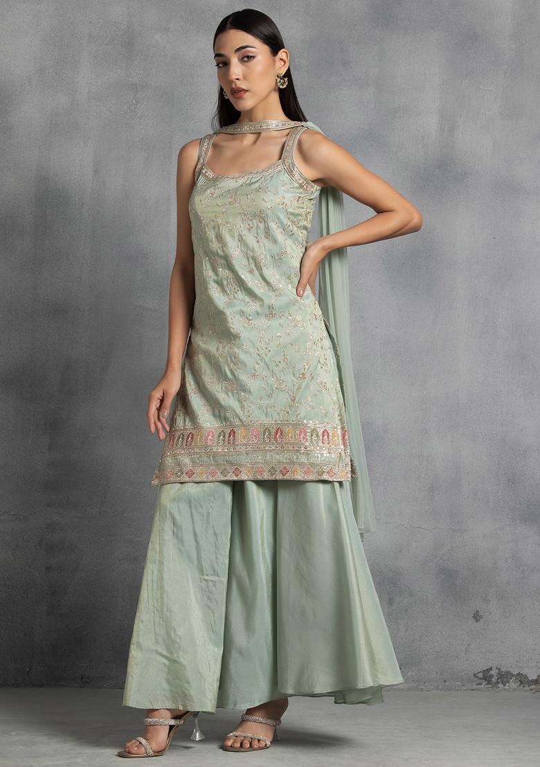 Floral Embroidered Sequinned Zari Kurta with Sharara & Dupatta