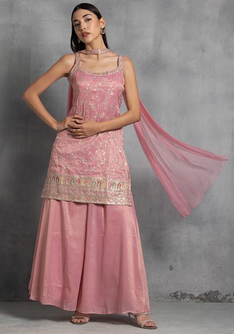 Pink Sharara Set With Floral Sequin Zari Embroidered Kurta And Dupatta