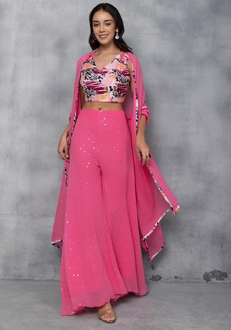 Pink Sequin Embellished Sharara Set With Multicolour Embellished Blouse And Dupatta