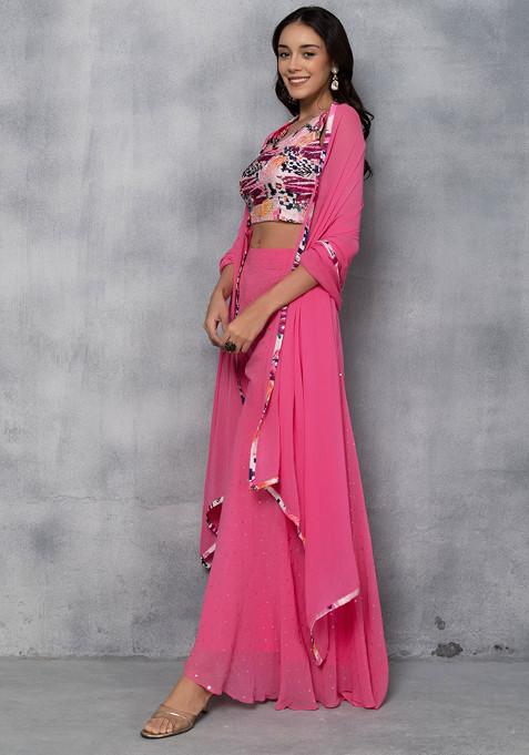 3 pc SET - Pink Red Metallic Satin Sharara Saree with Hand Embroidery on Blouse Fabric and Dupatta