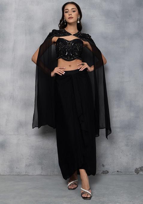 Black Embellished Cape Set With Sequin Cutdana Embellished Blouse And Skirt