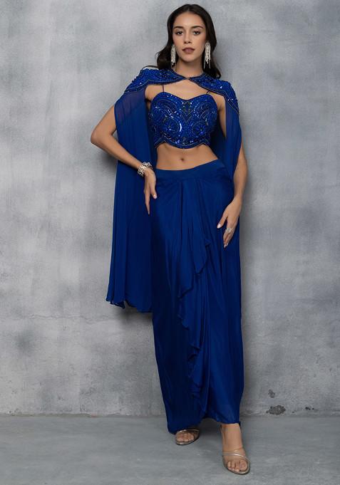 Blue Embellished Cape Set With Sequin Cutdana Embellished Blouse And Skirt