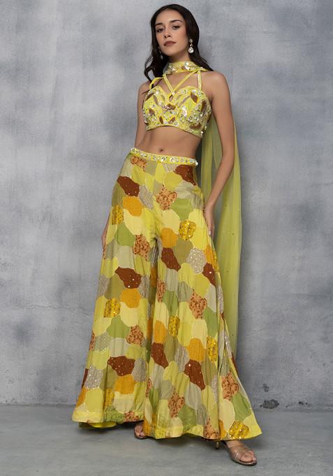 Yellow Sequin Embellished Sharara Set With Bead Embellished Blouse And Dupatta