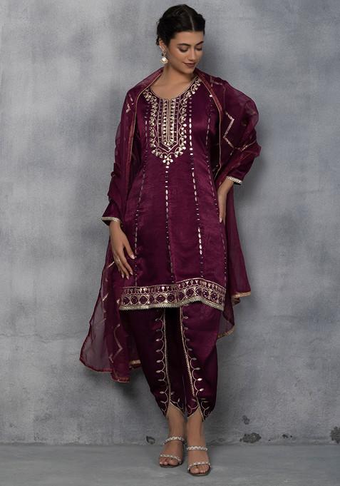 Maroon Gota Patti Embellished Kurta Set With Dhoti Pants And Dupatta