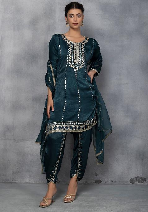 Teal Green Gota Patti Embellished Kurta Set With Dhoti Pants And Dupatta