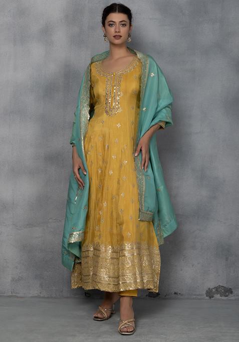 Yellow Zari Mirror Embellished Anarkali Kurta Set With Pants And Contrast Embellished Dupatta