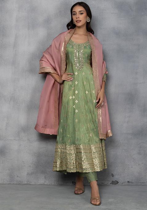 Green Zari Mirror Embellished Anarkali Kurta Set With Pants And Contrast Embellished Dupatta