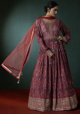 Pink Floral Print Sequin Embellished Anarkali With Embellished Dupatta