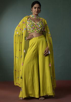 Yellow Sharara Set With Floral Thread Embroidered Blouse And Jacket