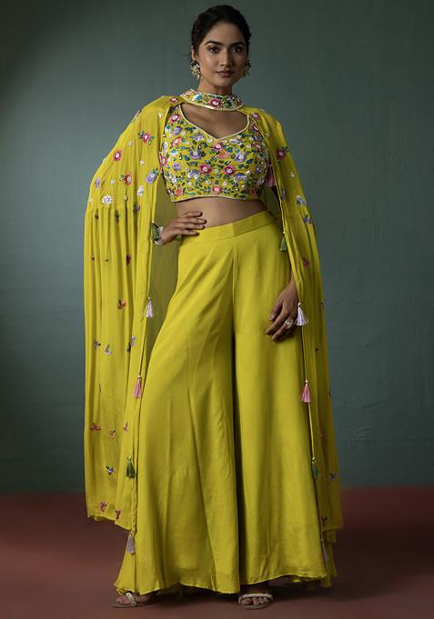 Yellow Sharara Set With Floral Thread Embroidered Blouse And Jacket