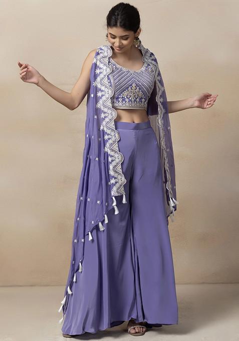 Purple Sharara Set With Floral Thread Embroidered Blouse And Jacket