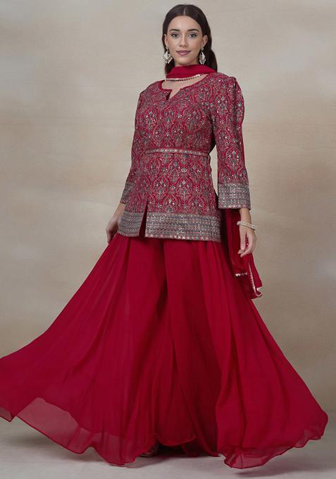 Rani Pink Sharara Set With Floral Sequin Embroidered Short Kurta And Dupatta