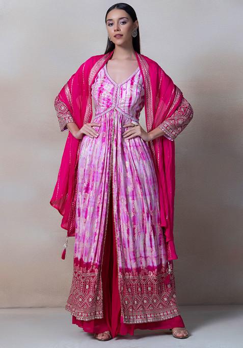 Pink Zari Embellished Kurta Set With Palazzo And Chanderi Dupatta