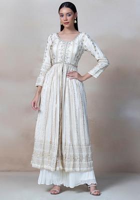 White Floral Cutdana Embroidered Sharara Set With Kurta And Dupatta