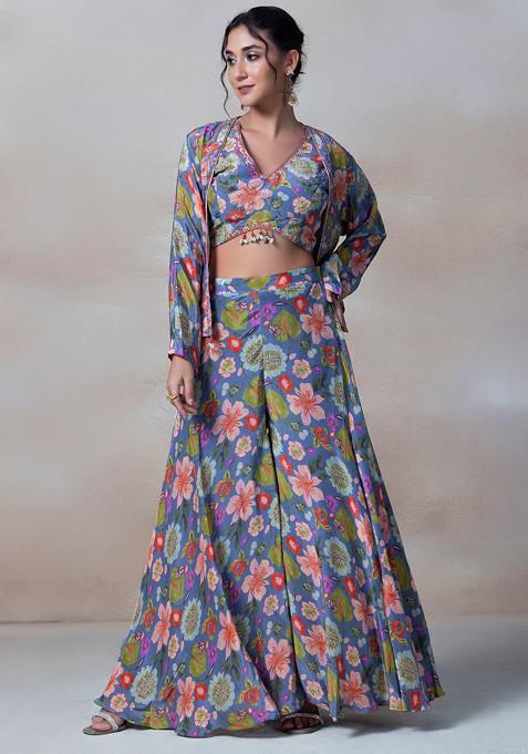 Grey Cutdana Embellished Sharara Set With Floral Print Blouse And Jacket