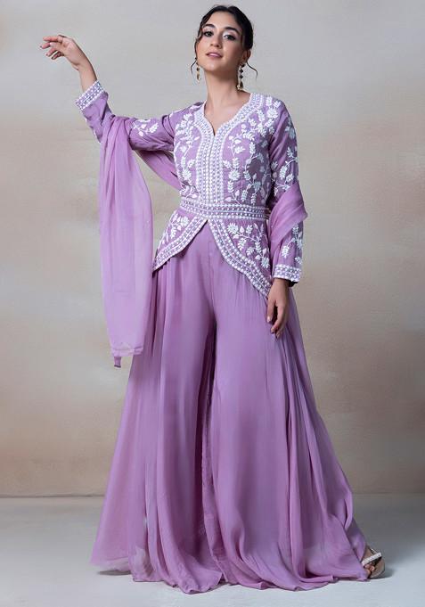 Purple Cutdana Embroidered Sharara Set With Sequin Embellished Short Kurta And Dupatta