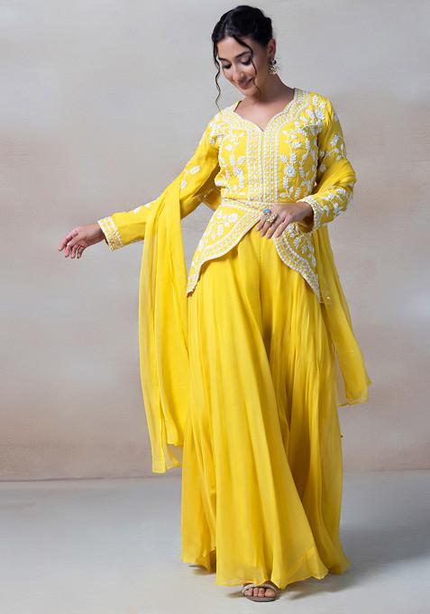 Yellow Cutdana Embroidered Sharara Set With Sequin Embellished Short Kurta And Dupatta