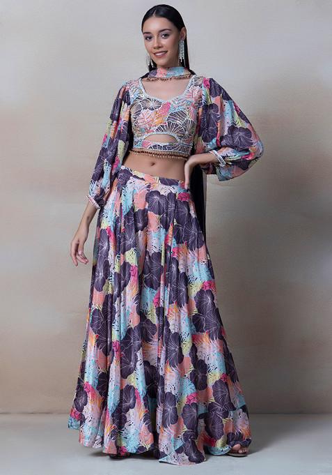 Multicolour Floral Print Sharara Set With Sequin Blouse And Dupatta