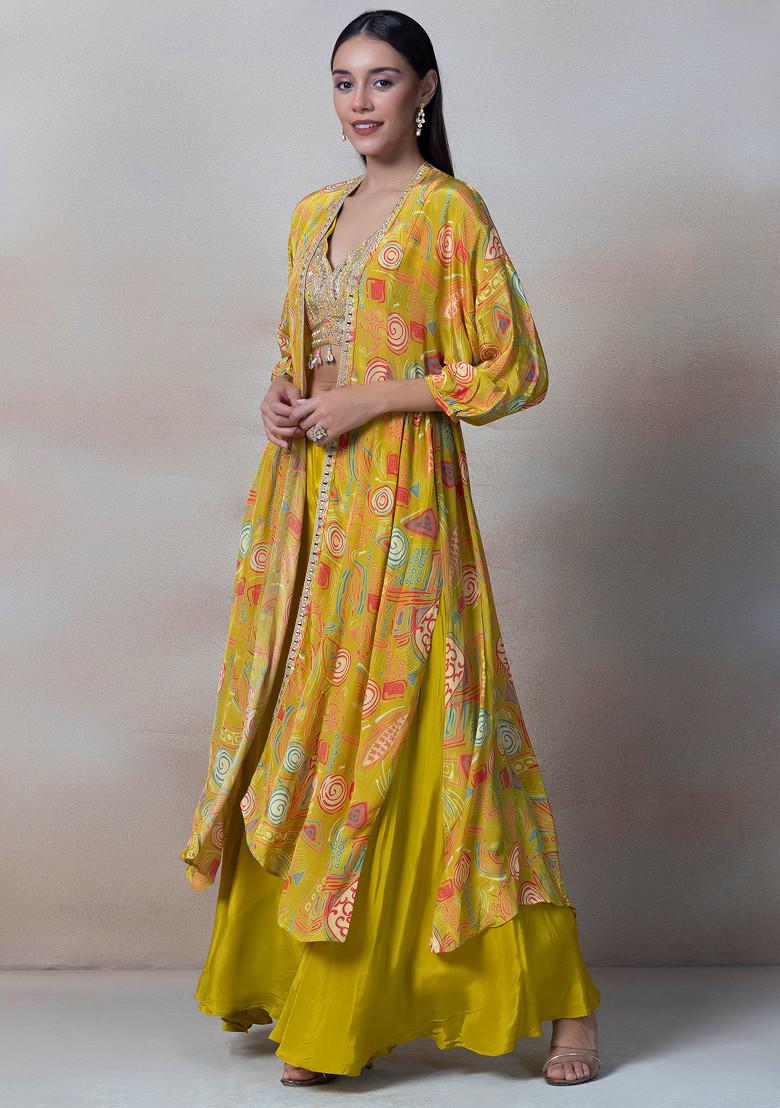 Lime Green Sharara Set With Zari Embroidered Blouse And Printed Jacket