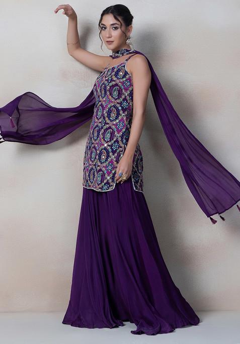 Purple Sharara Set With Mirror Zari Embroidered Kurta And Dupatta