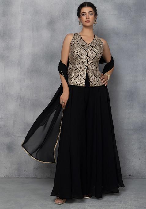 Black Sharara Set With Zari Embroidered Blouse And Dupatta