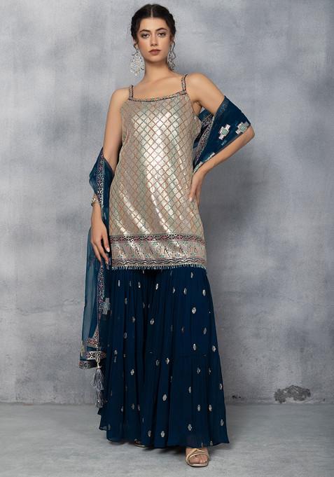 Teal Blue Sharara Set With Sequin Embellished Kurta And Mesh Dupatta