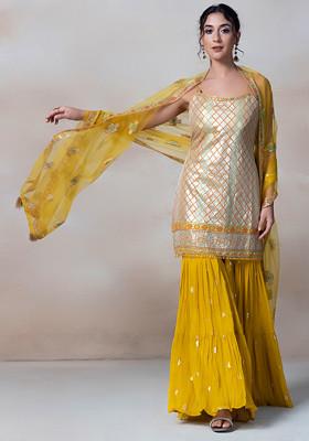 Mustard Sharara Set With Sequin Embellished Kurta And Mesh Dupatta